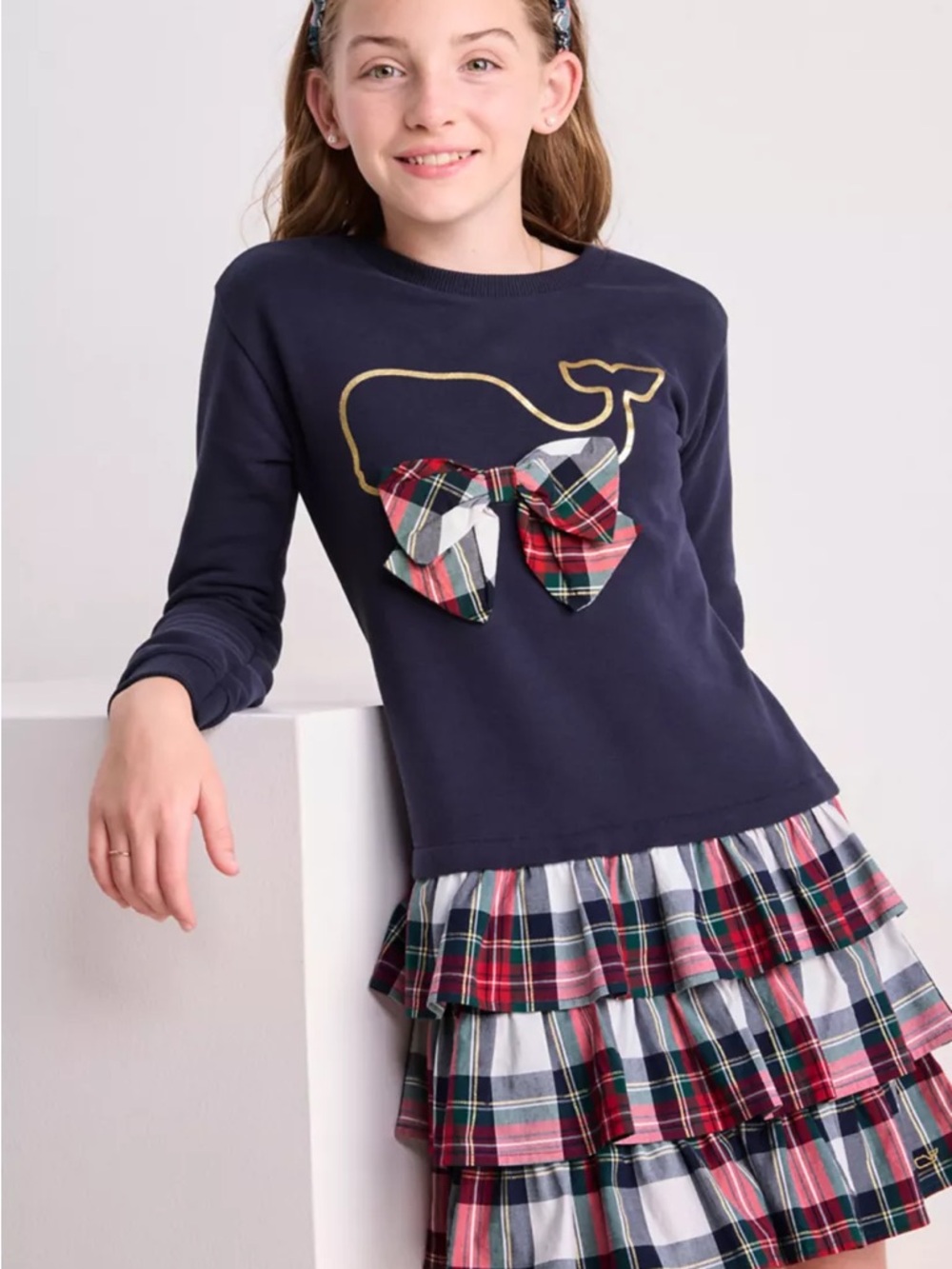 Vineyard Vines Girls 16 Navy Poplin Sweatshirt Dress with Gold Whale and Bow